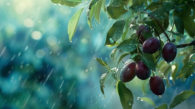 bunch of plums hanging from a tree branch