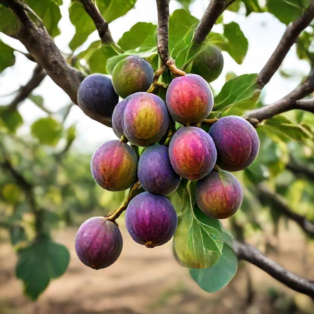 a bunch of plums hanging from a tree with the word plum on it