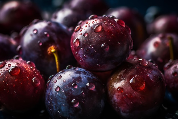 A bunch of plums with water droplets on them