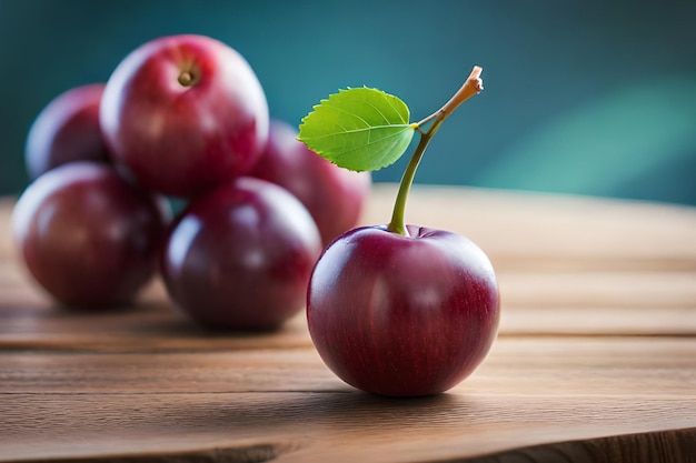 A bunch of plums on a wooden board with a green leaf