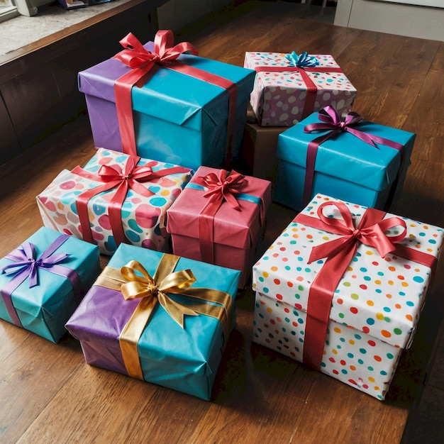 Photo a bunch of presents with a purple bow on them