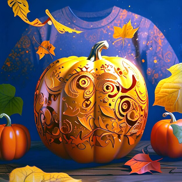 a bunch of pumpkins are on a blue background with fall leaves