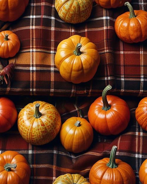 a bunch of pumpkins are on a plaid blanket with a checkered cloth