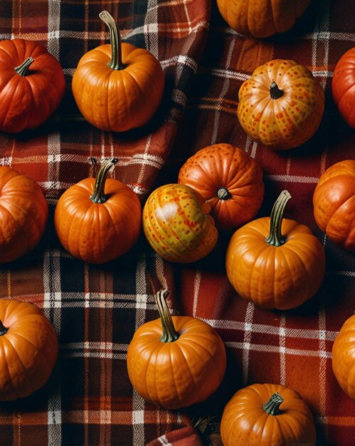 a bunch of pumpkins are on a plaid blanket with a checkered cloth