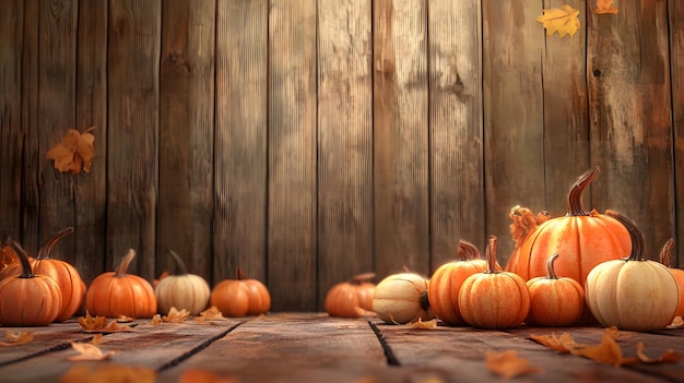 Photo a bunch of pumpkins are on a wooden floor with a wooden background