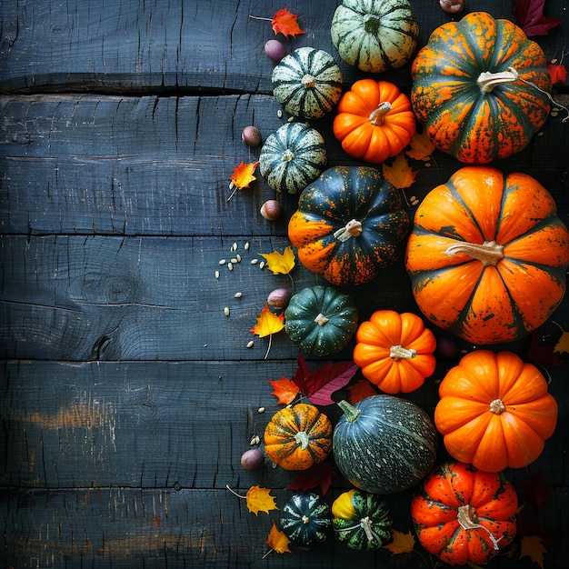 a bunch of pumpkins are on a wooden table