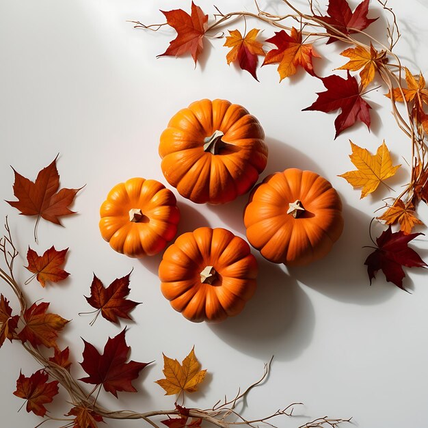 a bunch of pumpkins that are on a white surface