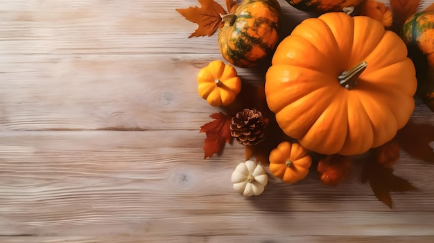 A bunch of pumpkins on a wooden table