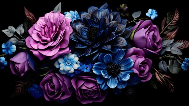 A bunch of purple and blue flowers on a black background