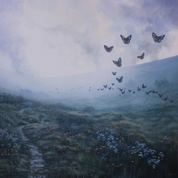 Photo bunch of purple butterflies crossing a misty moorland