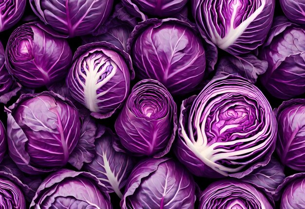 a bunch of purple cabbages with a white stripe on the top