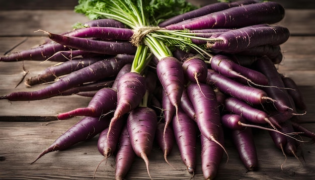 Bunch of purple carrots in the old wooden table