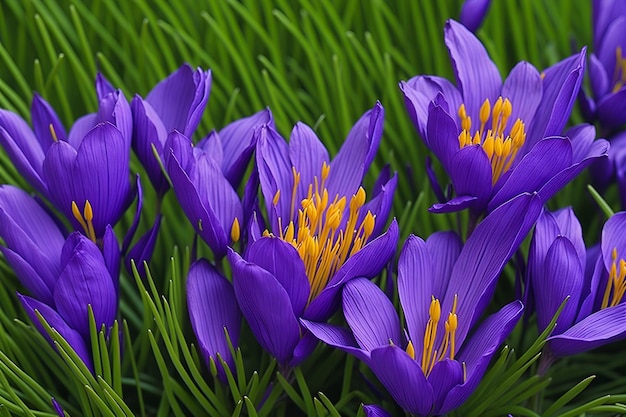 A bunch of purple crocus flowers with yellow center.