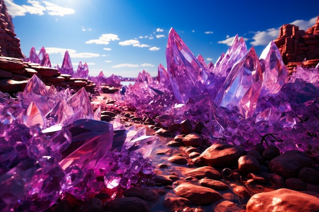 Bunch of purple crystals sitting on top of rocky beach Generative AI