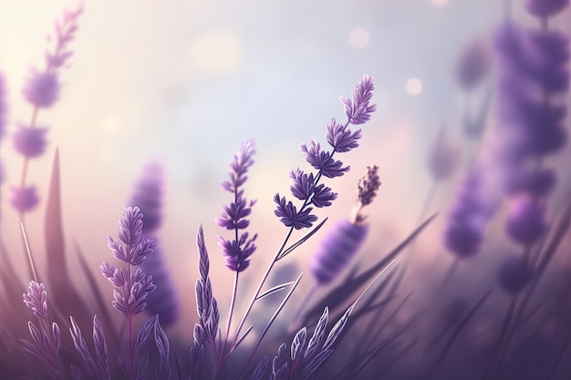 A bunch of purple flowers that are in the grass generative AI