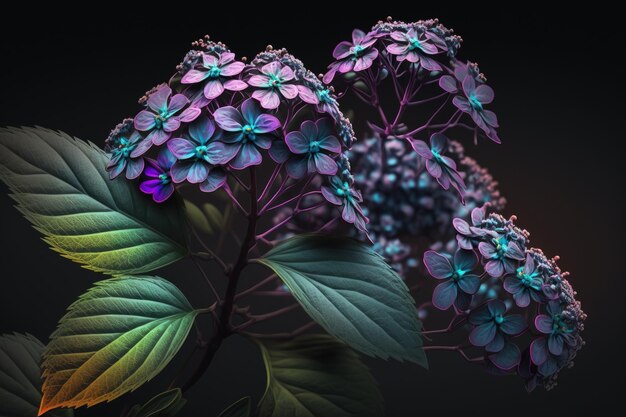 A bunch of purple flowers with green leaves generative AI