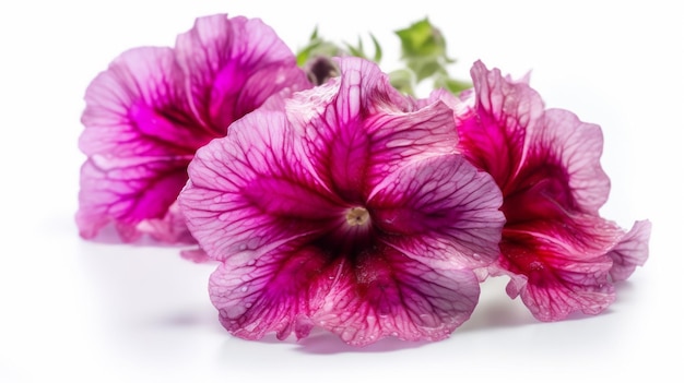 A bunch of purple flowers with green leaves on a white background