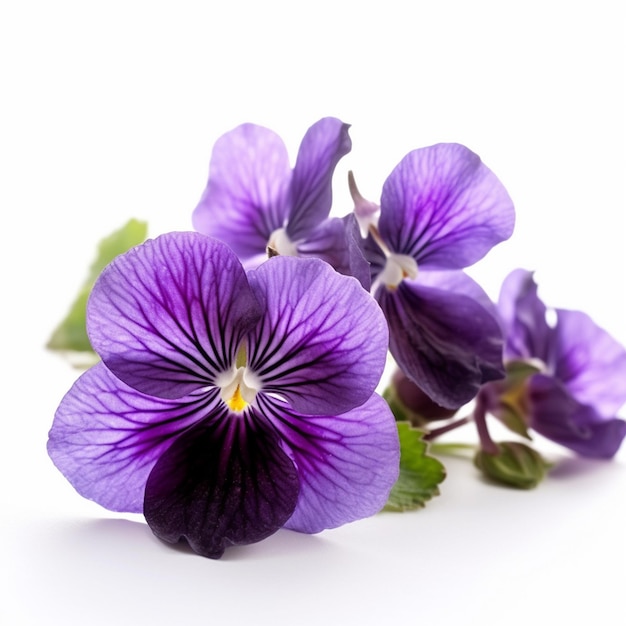 A bunch of purple flowers with green leaves on a white background.