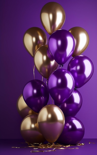 A bunch of purple and gold balloons with the word love on the bottom.