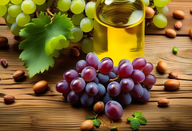 A bunch of purple grapes and a bottle of grape seed oil on a wooden table