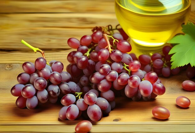 A bunch of purple grapes and a bottle of grape seed oil on a wooden table