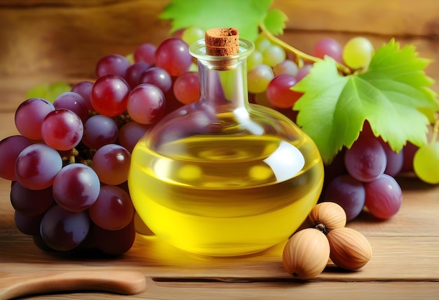 A bunch of purple grapes and a bottle of grape seed oil on a wooden table