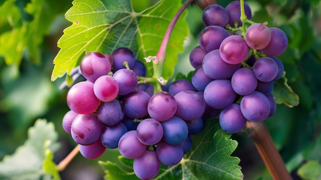 a bunch of purple grapes with green leaves and a green leaf