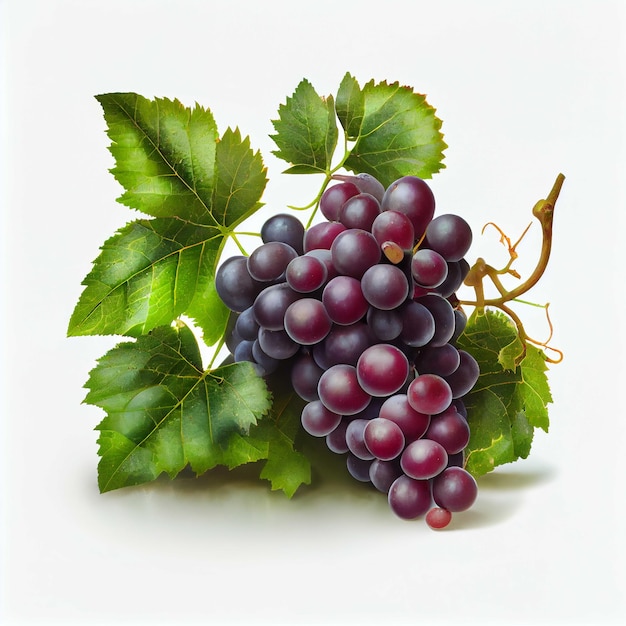 Bunch of purple grapes with leaves on white background