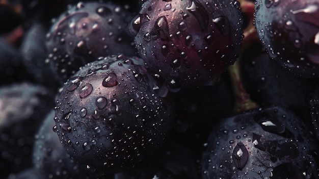 a bunch of purple grapes with water drops on them