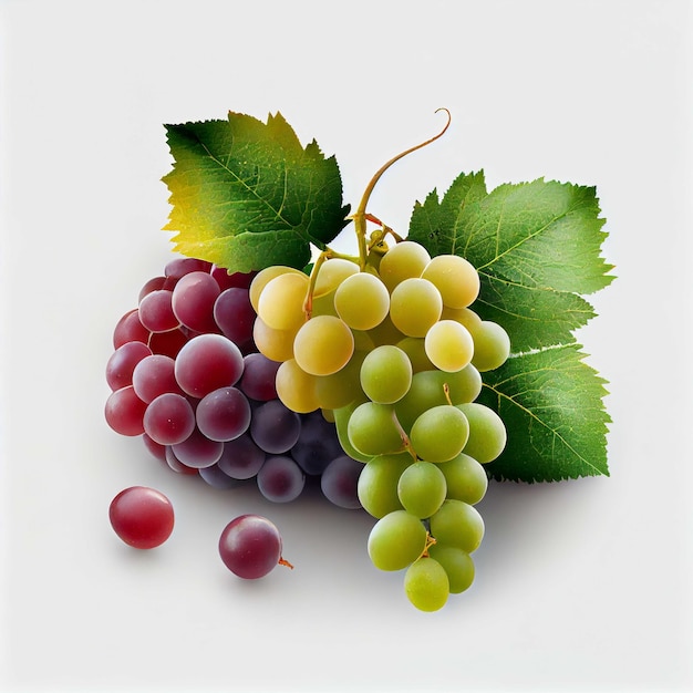 Bunch of purple and green grapes with leaves on white background