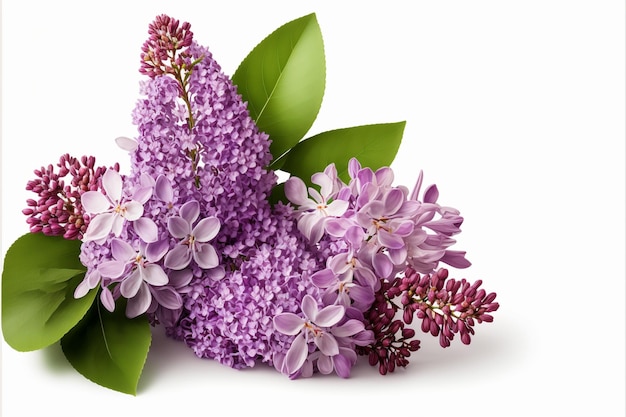 A bunch of purple lilacs with leaves on a white background