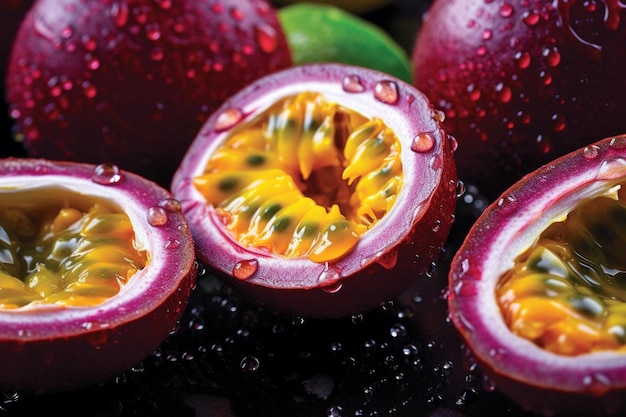 Photo a bunch of purple passion fruit with water drops on them