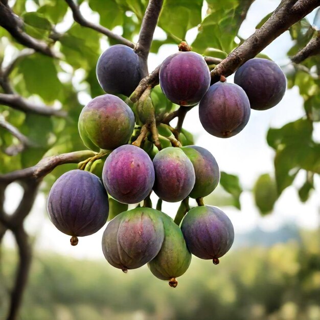 a bunch of purple plums hanging from a tree