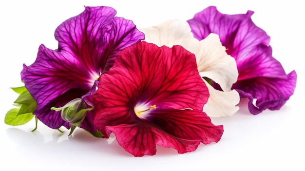 A bunch of purple and red pansies on a white background