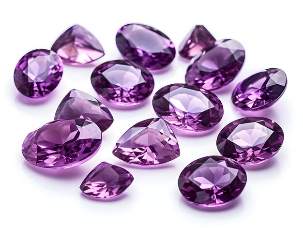 A bunch of purple sapphire gemstones isolated on a white background High resolution