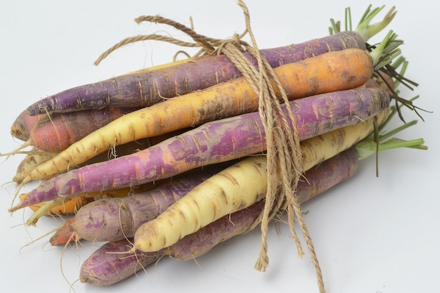 A bunch of purple and yellow carrots on a white surface