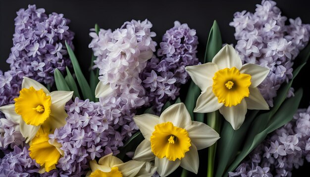 a bunch of purple and yellow flowers with the word  spring  on the top