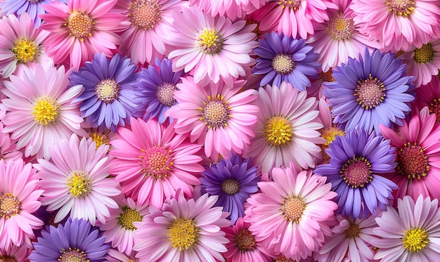 a bunch of purple and yellow flowers with the yellow center