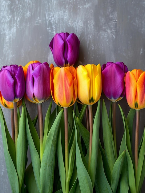 a bunch of purple and yellow tulips with green leaves