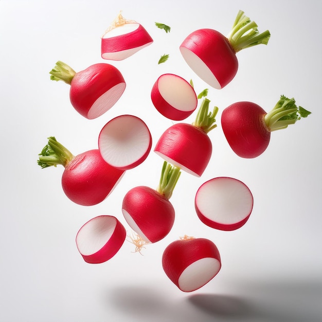 a bunch of radishes are falling into the air