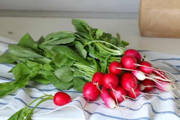 Bunch of radishes on the kitchen table