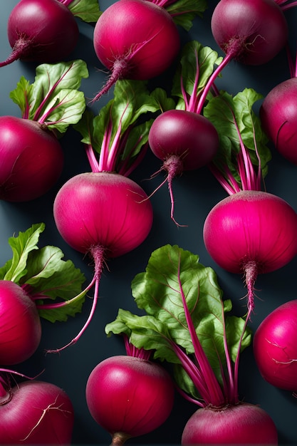 Photo a bunch of radishes with green leaves and a black background