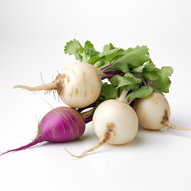 A bunch of radishes with one purple and one purple that has the word radish on it.