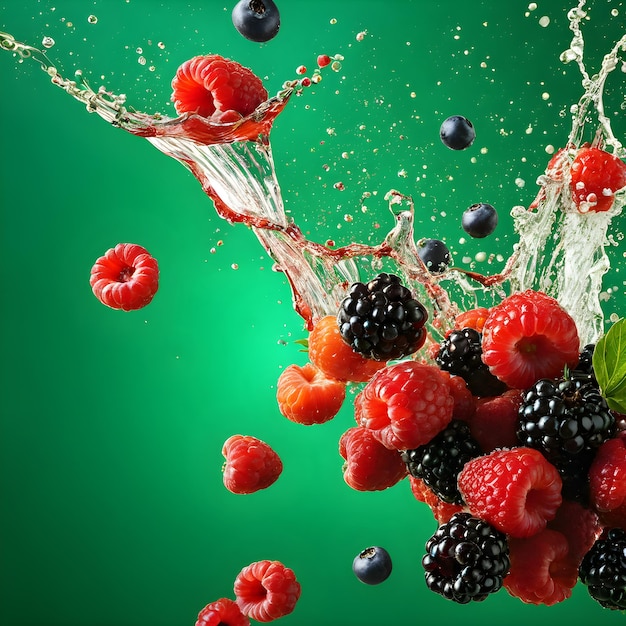 a bunch of raspberries and blackberries are being splashed with a green background