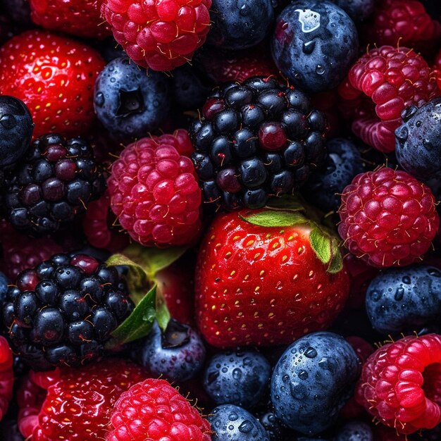 A bunch of raspberries and blueberries are shown.