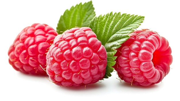 Photo a bunch of raspberries with green leaves isolated on a white background