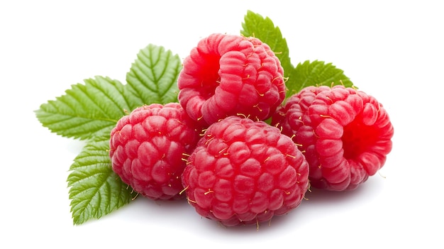 Photo a bunch of raspberries with green leaves isolated on a white background