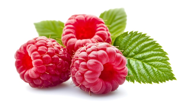 Photo a bunch of raspberries with green leaves isolated on a white background