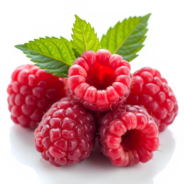 A bunch of raspberries with green leaves on them