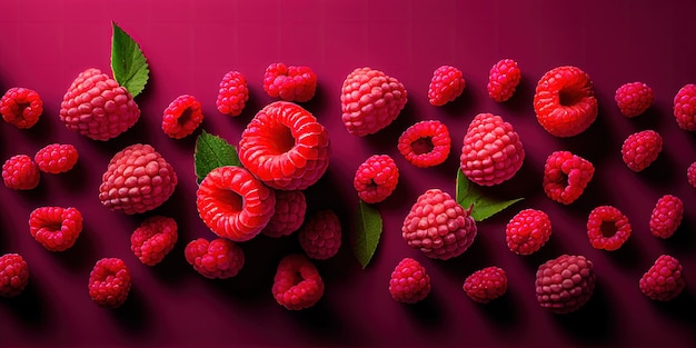 A bunch of raspberries with leaves on a purple background generative AI